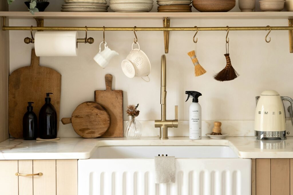 Cleaning essentials featured in a kitchen