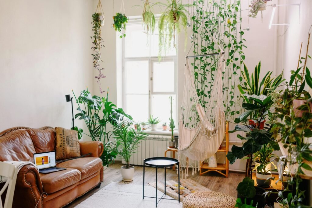 Creative design of mess-free home with laptop on leather sofa and collection of greenery plants in pots near shiny window